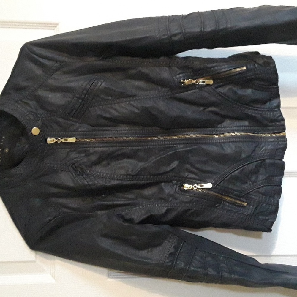 Faux Leather dark Navy Moto Jacket Bought in Italy - Quality! Vegan Gold zip S - Picture 5 of 15